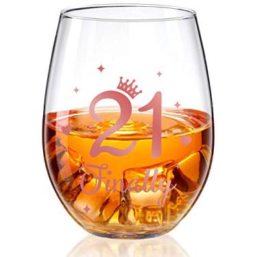 Imagem de Taça de vinho sem haste ouro rosa copo de vinho presente aniversário copos de aniversário para homens mulheres festa de aniversário decoração de aniversário de casamento, 500 ml (21 e fabuloso)