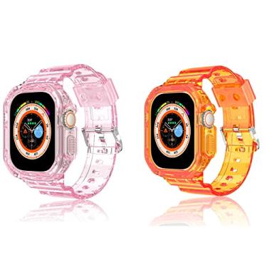 Imagem de Pacote com 2 pulseiras de relógio transparentes compatíveis com Apple Watch Ultra de 49 mm, capa protetora resistente à prova de choque para Apple Watch Ultra de 49 mm com pulseira (rosa/laranja)