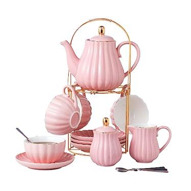 Imagem de CLAY TONIC-- 8 OZ Fine China Purple Coffee Cup/Teacup Set, Cups & Saucer, with Teapot-Sugar Bowl-Cream Pitcher Teaspoons and tea strainer for Tea/Coffee,17-Pieces- Service for 4 (Pink)