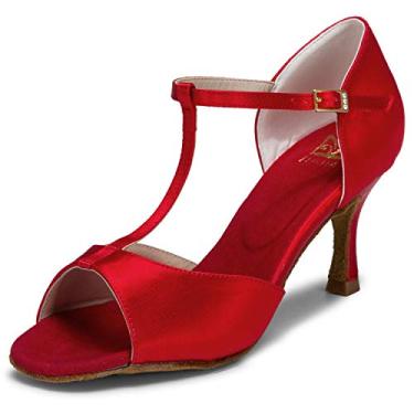 Imagem de JIAJIA 20511 Sandália Feminina de Cetim Salto Flare 7,5cm Sapato para Dança Latina Salsa Profissional Cor Vermelho,Tamanho BR 35/EU 37