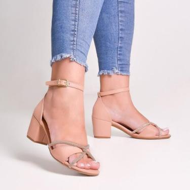 Imagem de Sandália Feminina Salto Médio Grosso Sapato Strass Festa - Debora Cama