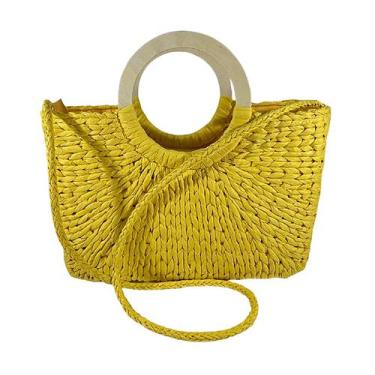 Imagem de Bolsa Feminina Amarela Palha Praia Forrada Resistente Grande Luxo Viag