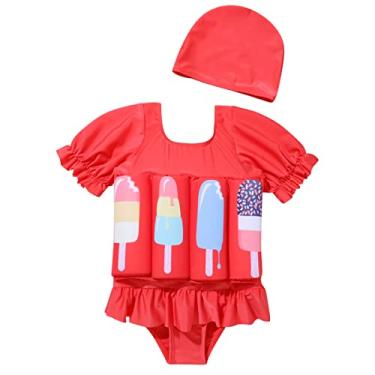 Imagem de IDOPIP Fato de Banho Infantil para Bebês e Crianças, Maiô Flutuante Unissex com Flutuabilidade Ajustável, Roupa de Banho Infantil com Babados, Tamanho 2-3 Anos, Cor Sorvete Vermelho