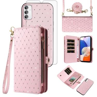 Imagem de Asuwish Capa de celular para Samsung Galaxy A14/M14 5G Carteira com zíper destacável com protetor de tela de vidro temperado, alça transversal com glitter, compartimento para cartão A 14 4G 14 A 14 M