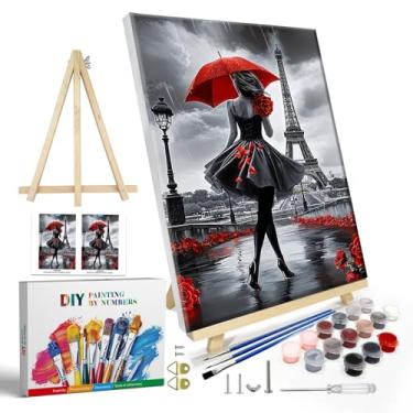 Imagem de JOOZ Kit de pintura por números para adultos com moldura, pintura por números da Torre Eiffel com cavalete, pintura a óleo de mulher rosa DIY por números com guarda-chuva vermelho, kits de pintura por