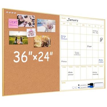 Imagem de ARCOBIS Calendário apagável a seco com quadro de cortiça, 91 cm x 61 cm, quadro branco magnético, apagável a seco, quadro de combinação de moldura dourada para escritório, casa, escola