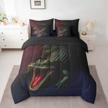 Imagem de Feelyou Jogo de cama de crocodilo em uma bolsa, estampa de jacaré selvagem, 7 peças, tamanho Queen para crianças, meninos, meninas, adolescentes, ultramacio, tema animal de terror, decoração de cama