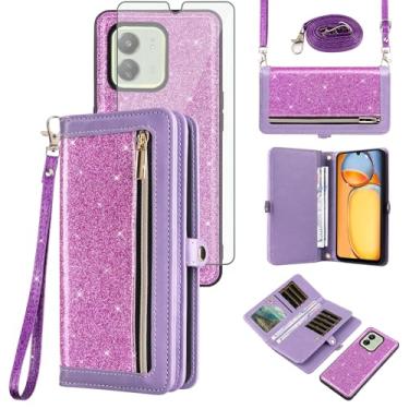 Imagem de Asuwish Capa de celular para Xiaomi Redmi 13C/Poco C65 com zíper carteira destacável com protetor de tela de vidro temperado, alça com glitter, compartimento para cartão Redmi13C 65C mulheres homens