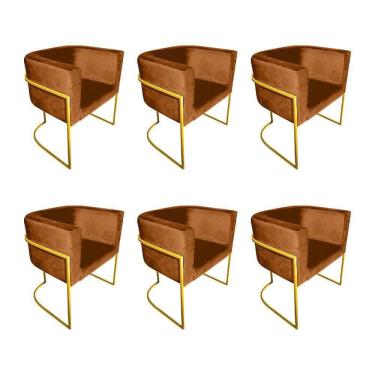 Imagem de Kit 6 Poltronas Decorativa Sala De Estar Base De Ferro Dourada Veludo Terracota Laranja