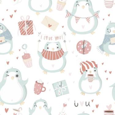 Imagem de Papel De Parede Adesivo Lavável sala Pinguins I Love Azul 12m - Bazar 