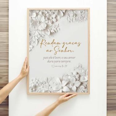 Imagem de Quadro Decorativo Cristão Gospel; Rendam Graças ao Senhor 1°Crônicas 16:34 - Quadros bíblicos; Versículos Bíblicos; Quadro com Mensagem Motivacional; Quadro para Sala de estar; (Bege, 70x50, Emoldurado)