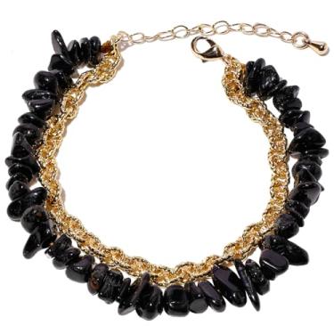 Imagem de Xfoxstal Pulseiras de corrente ajustáveis banhadas a ouro 14 k para mulheres modernas lascas de turmalina preta com contas de proteção presentes, Medium, Pedra, Turmalina