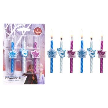 Imagem de Velas de bolo de aniversário Disney Frozen II | 6 velas de aniversário para decoração de bolos, branco, azul, rosa com listras com Anna, Elsa e Olaf para Frozen 2 Party