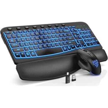 Imagem de SABLUTE Combo ergonômico de teclado e mouse sem fio – teclado Wave com descanso de pulso de couro macio, teclas resistentes, conjunto recarregável com retroiluminação RGB para PC/Mac/Chromebook