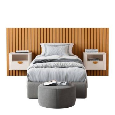 Imagem de Cabeceira Ripada Solteiro com 2 Mesas de Cabeceira Curva Buriti OFFWHITE