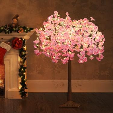 Imagem de OUSHENG Árvore artificial de cerejeira iluminada com LED para decoração interna, planta falsa iluminada com flor falsa para festa de casamento em casa, festival, Natal, decoração interna, rosa, 1,2 m