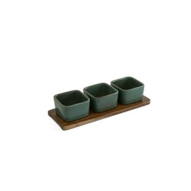 Imagem de Petisqueira Madeira 3 Bowls Cerâmica Marrom/Verde 31CM UN0031