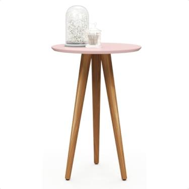 Imagem de Mesa Lateral Redonda Pés Palito Madeira Retrô Sala Quarto Canto Apoio Sofá Decoração Pequena Moderna(Rosa)