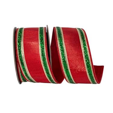 Imagem de Reliant Ribbon Fita de borda com fio Fiesta Deluxe listrada com glitter, vermelho/verde