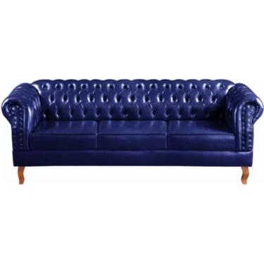 Imagem de Sofá Chesterfield 3 Lugares Dom Pedro Vintage Retrô Capitonê Couro Azul