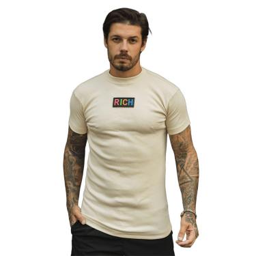 Imagem de Camiseta Slim Canelada Borracha Colorida Estilo Americano Streetwear Justa ao Corpo Ribana Creme-Masculino