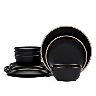 Imagem de Gufaith Conjuntos de louça de melamina para 4, 12 peças, conjunto de pratos e tigelas, conjunto de pratos inquebráveis, livre de BPA, adequado para ambientes internos e externos (preto fosco)