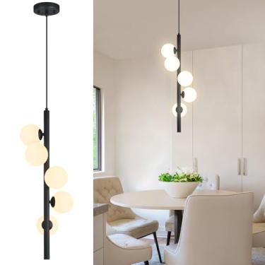 Imagem de FDPBY Luminárias Pendentes Pretas Para Ilha De Cozinha, Luminária Pendente De Vidro Leitoso Com 5 Luzes, Lustre Moderno De Meados Do Século, Mini Globo De Vidro Pequeno, Iluminação Pendente Para Ilh