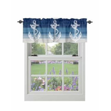 Imagem de Cortina sanfonada para janelas âncora náutica oceano haste bolso sanefa tratamentos ombré azul onda cortinas curtas para cozinha, janelas, sala de estar, quarto, decoração 106,66 x 30,5 cm