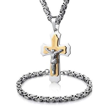 Imagem de WESTMIAJW Conjunto masculino de aço inoxidável prata ouro Jesus cruz pingente colar corrente pulseira conjunto joias 45/50/55/60/65/70/75 cm, Aço inoxidável, Zircônia cúbica