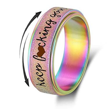 Imagem de LuckyAmor Anel Fidget Feminino para Ansiedade: Mantra Inspirador Personalizado Aço Inoxidável Prata Preto Arco-íris Rosa Ouro Anel Giratório para Homens Mulheres Amigo Presente Tamanho 6 7 8 9 10, 9