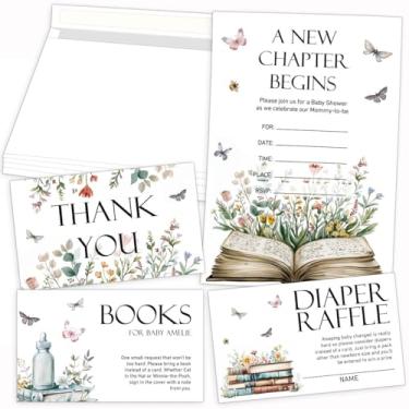 Imagem de LNOKRIM Convites para chá de bebê, decorações de chá de bebê, cartão de convites incluído, bilhetes de sorteio de fraldas e cartões de convite com envelope e cartões de solicitação de livro e cartão