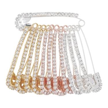 Imagem de 12 peças de alfinetes de segurança extravagantes, strass ouro e prata alfinetes grandes, broches decorativos para roupas, broche de cristal feminino para roupas, chapéus, xaile