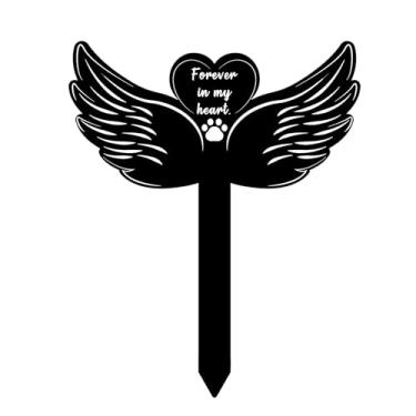 Imagem de NQEUEPN Marcador de túmulo de cachorro, asas de anjo pretas, estaca memorial para animais de estimação com palavras de lembrança e impressões de pata de cachorro simpatia placa de túmulo de cachorro