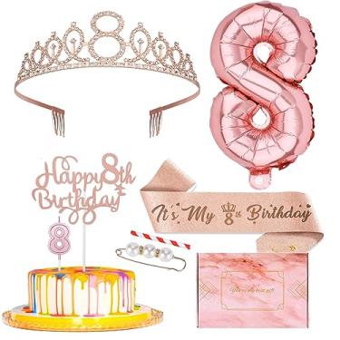 Imagem de Rikastua Tiara De Coroa Com Strass Em Ouro Rosa, Faixa Para 8º Aniversário, Topo Bolo, Velas Numéricas E Conjunto Balões - Lembrancinhas Festa Menina