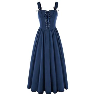 Imagem de Vestido Renascentista Feminino com Cadarço Cottagecore Vestido Longo Sem Mangas Fantasia Medieval, Azul marinho, M