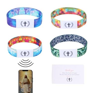 Imagem de 4 pulseiras NFC da Bíblia, pulseiras com versículo bíblico diário cristão, pulseiras elásticas escrituras, pulseiras de Jesus, pulseira inspiradora, presentes para mulheres e homens, evangelho