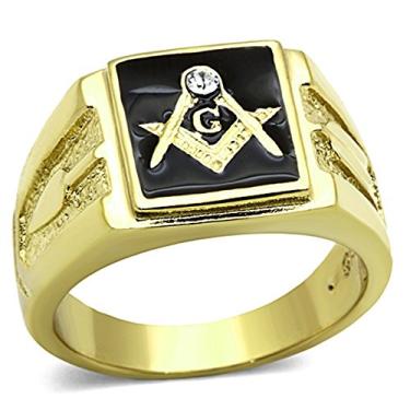 Imagem de Marimor Jewelry Anel maçônico masculino de aço inoxidável banhado a ouro 14 K com cristal maçônico tamanho 8-13, Aço inoxidável, ouro 14k, ouro, pedra preciosa, metal, Cristais