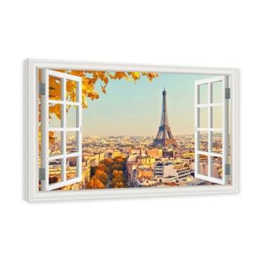 Imagem de NHLDZYH Janela de arte de parede com impressão em tela. Visualização de janela falsa. Impressão de imagem natural em tela. Arte de cenário para decoração de sala de estar. (Vista da Torre Eiffel de