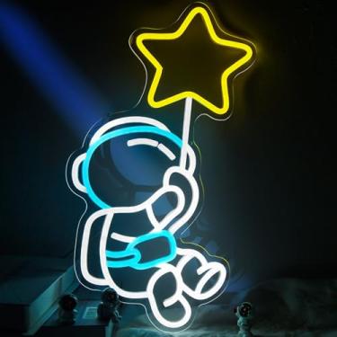 Imagem de Gevbay Sinal neon estrela astronauta grande astronauta luz de LED neon para decoração de parede regulável legal LED astronauta segurando estrelas sinais luzes espaço decoração de quarto para meninos