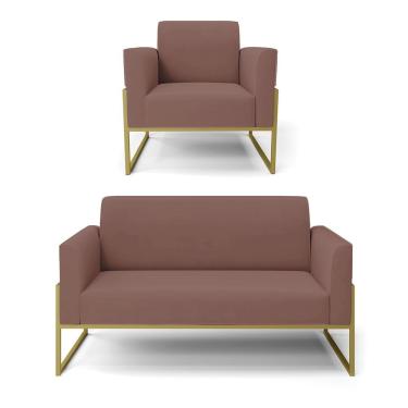 Imagem de Sofá Namoradeira Com Poltrona Base Industrial Alta Dourado Marisa Veludo D03 - D\'rossi Cor Rose