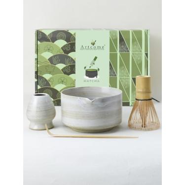 Imagem de Artcome Conjunto de tigela Matcha com bico – Chawan de cerâmica artesanal, batedor de bambu, suporte de batedor, colher de chá e manual matcha – Conjunto de cerimônia de chá japonesa