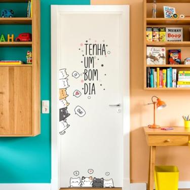 Imagem de Adesivo Decorativo Infantil Gatos Para Porta Lavável Seguro Ideal Quarto de Bebê Menina Menino Parede Criativa