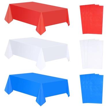 Imagem de Miayon Pacote com 9 toalhas de mesa de plástico vermelho, branco e azul, descartáveis, patrióticas, 4 de julho, para decorações de festa do Dia da Independência do Dia do Trabalho, 137 x 272 cm