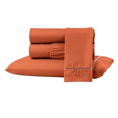Imagem de Kit Jogo Lençol Cama Box Casal Queen 400 fios Micropercal 03 Peças Ponto Palito (TERRACOTA, SOLTEIRO)
