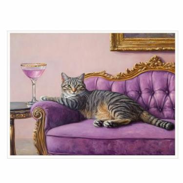 Imagem de Gato malhado com estampa de arte martini gota de limão peculiar coquetel pôster engraçado amante de gatos decoração para bar carrinho cozinha ou dormitório feminino apartamento arte de parede - 28 x