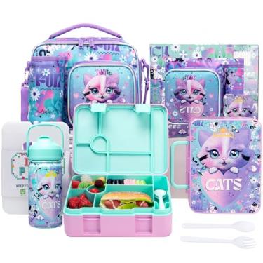 Imagem de Oruiji Lancheira infantil Bento Box para meninas com bolsa de gelo, lancheira, conjunto de utensílios de garrafa de água de aço inoxidável, recipiente de comida para escola, gatos, meninas, lancheiras