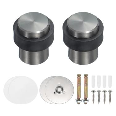 Imagem de PATIKIL 2 conjuntos de batentes de porta redondos, 46 mm batente de porta de aço inoxidável cunha cilindro de metal autoadesivo com parafuso para parte inferior do piso da porta interna, cinza