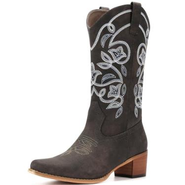 Imagem de IUV Botas femininas caubói, bico fino, botas ocidentais, botas cowgirl, cano médio, Cinza escuro, 41