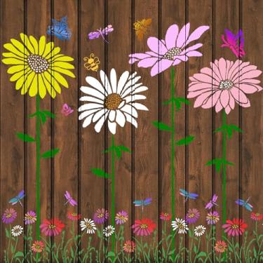 Imagem de Estênceis de flores grandes para pintura, 6 peças reutilizáveis de margarida floral para paredes de jardim ao ar livre, móveis de cerca de madeira, decoração de tecido de lona para casa