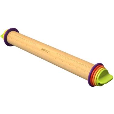 Imagem de Mepple Rolo de massa de madeira ajustável com 4 anéis de espessura removíveis, ótimo para assar massa, pizza, torta, pastelaria, macarrão, biscoitos e muito mais, 34,5 x 6,3 cm x 6,3 cm, multicolorido